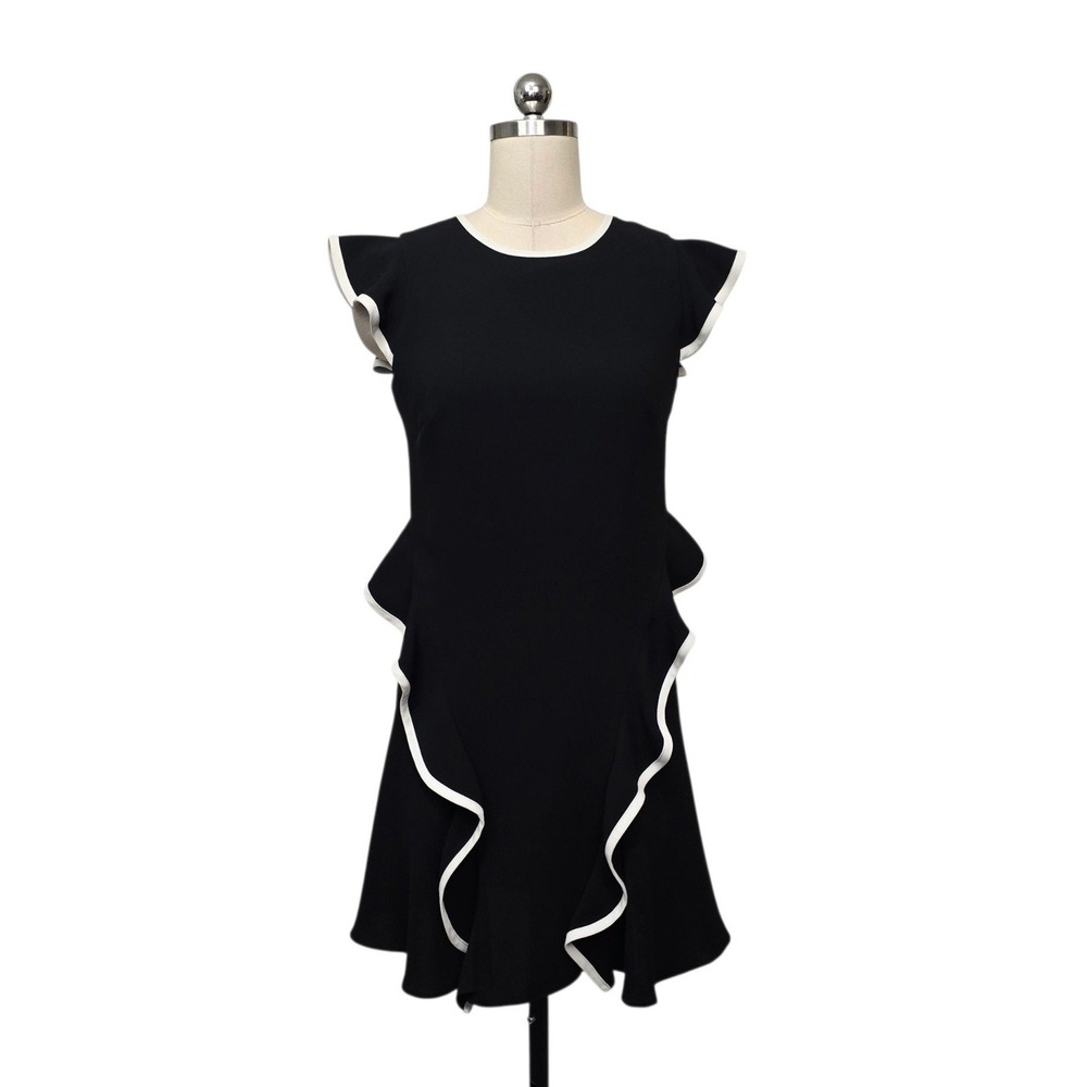 Shoshanna Black White Cascading Ruffle Flutter Sleeve Shift Dress Womens Size 2